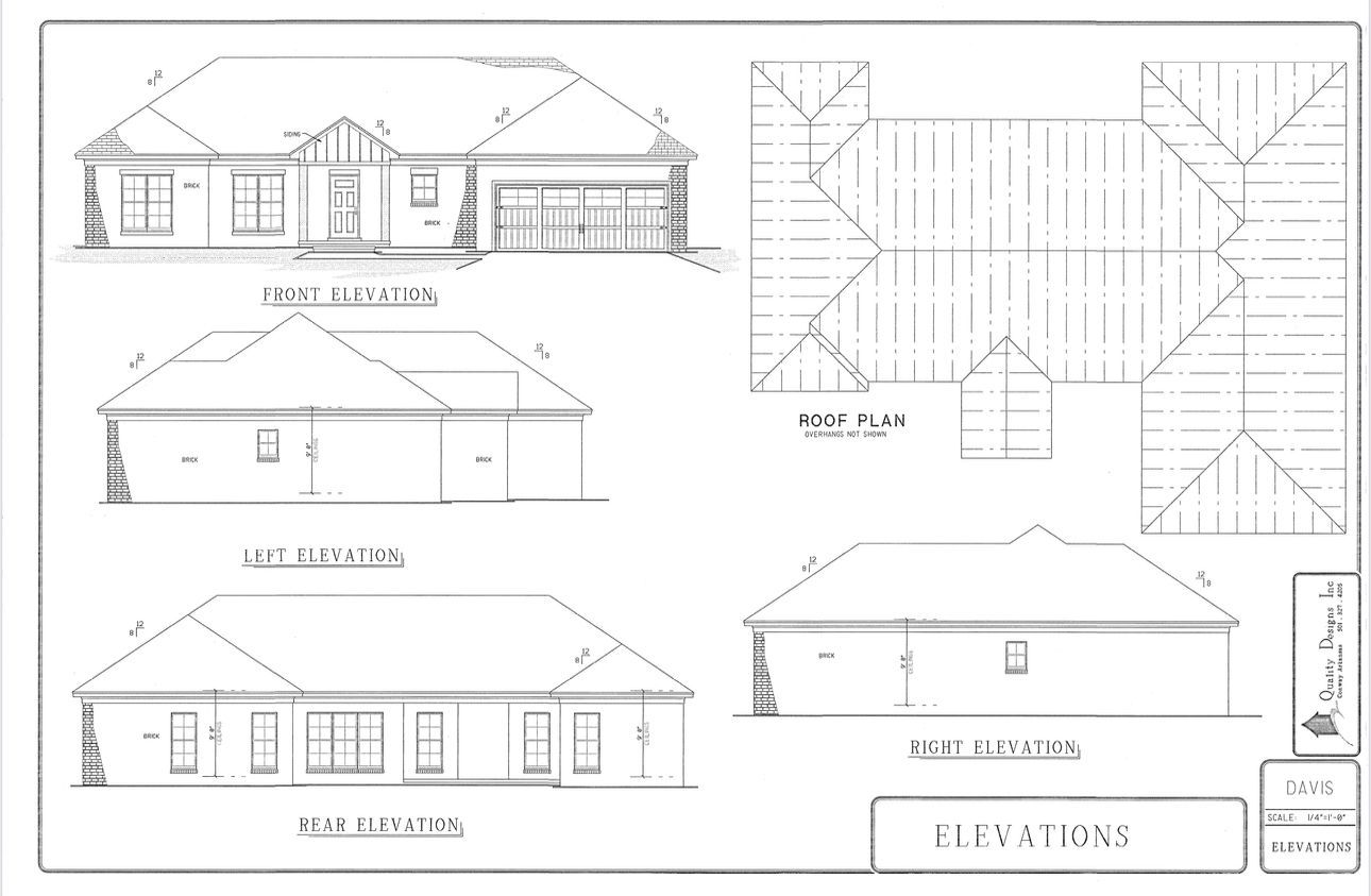 Architectural floor plan with front, side, and top elevation views of a single-story house