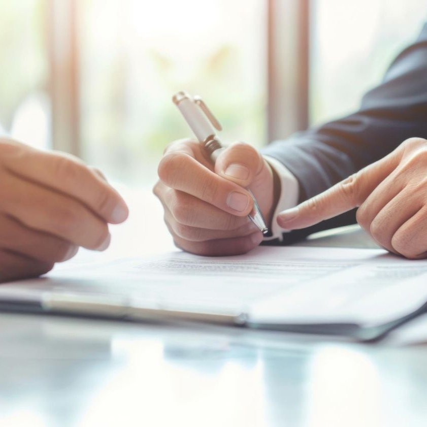 Hands signing a document on a table with a pen, close-up in a bright office setting