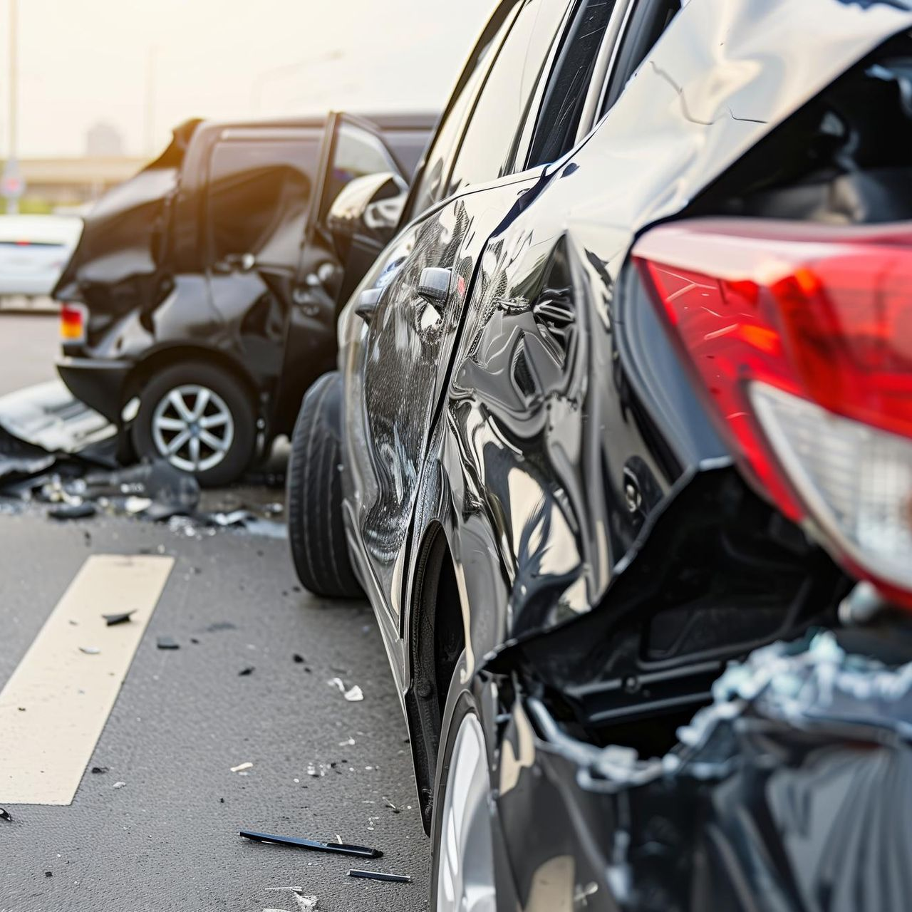 Damaged black cars in a multi-car collision on a road, with debris scattered nearby