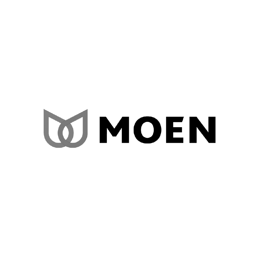 A black and white moen logo on a white background.