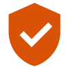 An orange shield with a white check mark on it.