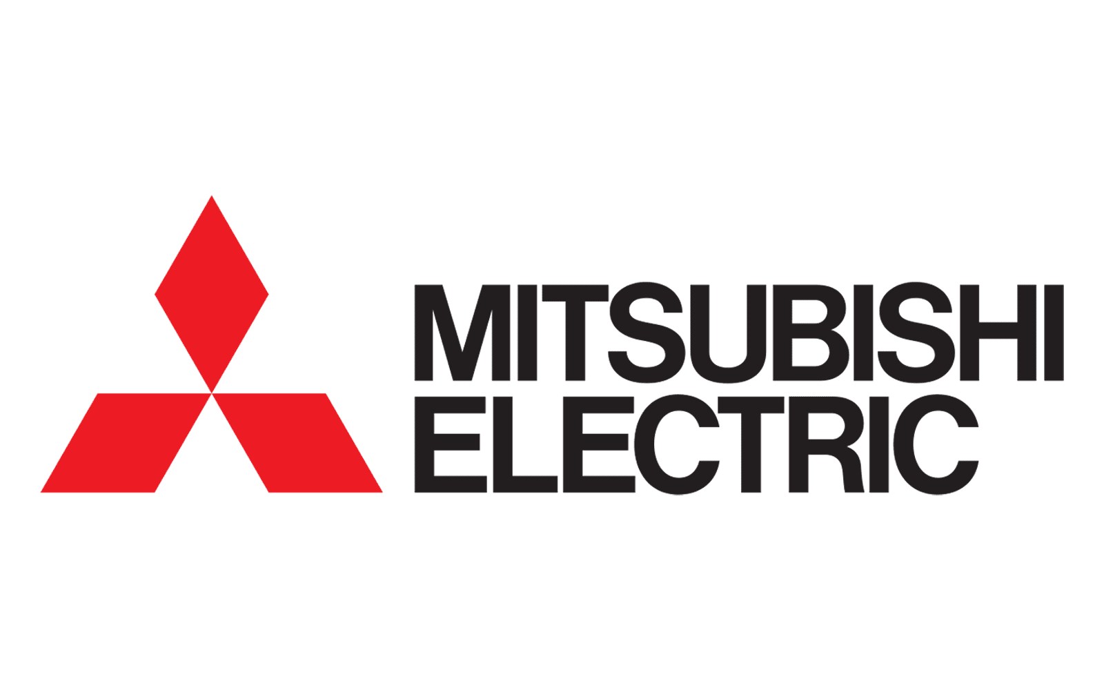 The logo for mitsubishi electric is red and black with a diamond in the middle.