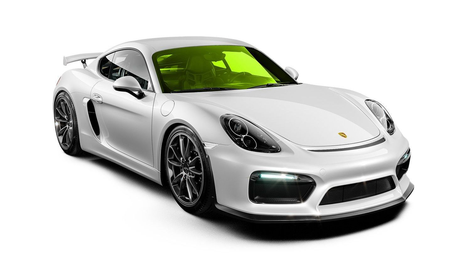 White Porsche sports car with tinted windows and black wheels.