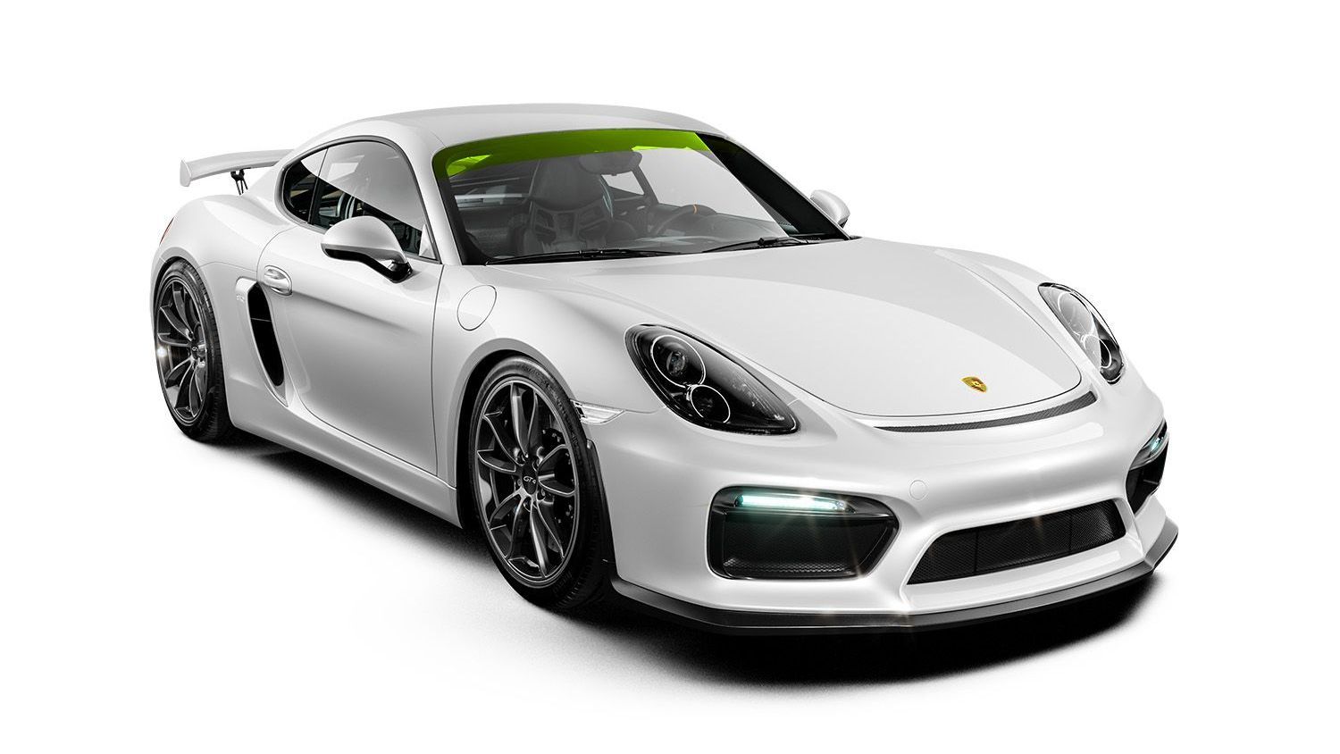 White Porsche sports car, angled view. Black wheels, small spoiler, green windshield strip.