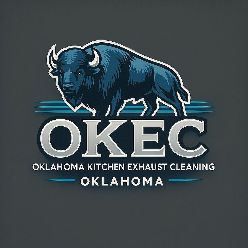 Oklahoma Kitchen Exhaust Cleaning, LLC Logo featuring a blue buffalo above the text "OKEC" and "Oklahoma Kitchen Exhaust Cleaning" on a dark gray background.