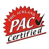 Phil ackland pac certified logo on a white background.