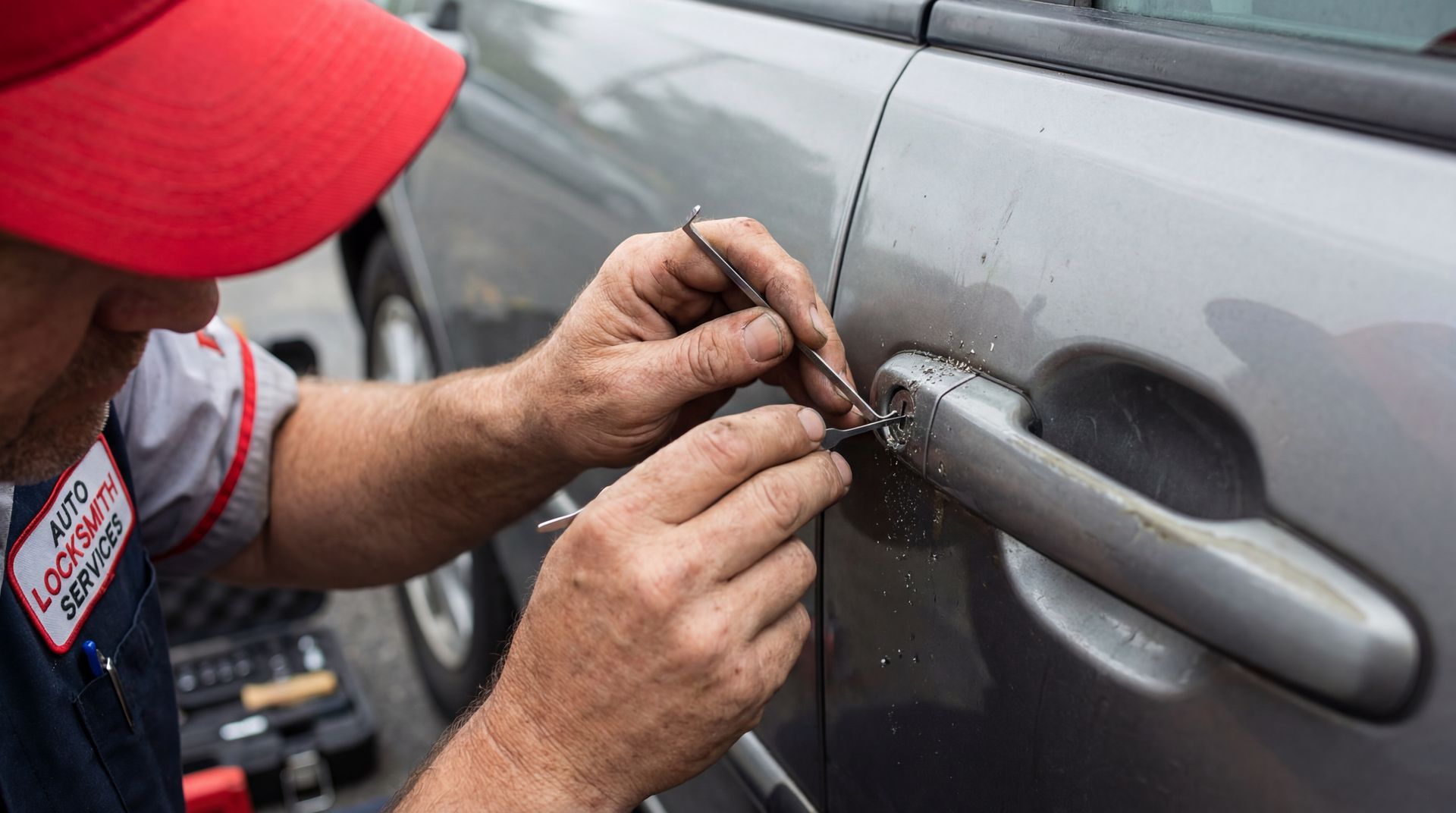 Person wearing gloves connecting jumper cables to a car battery under the hood.