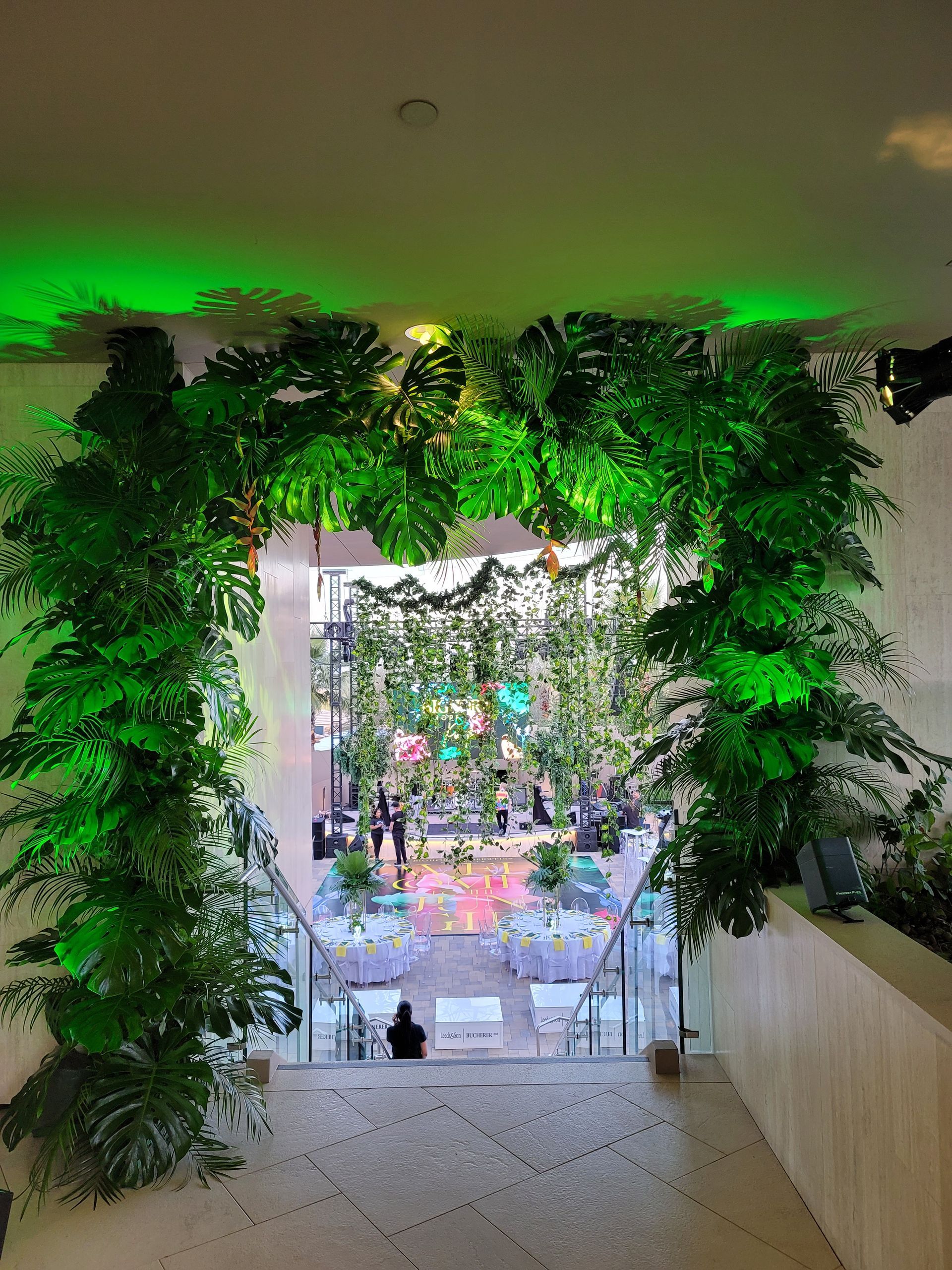 A staircase is decorated with green plants and leaves.