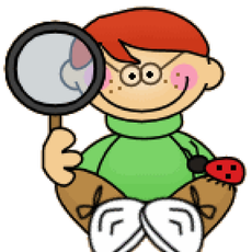 Cartoon child holding a magnifying glass and a ladybug, wearing a green shirt and smiling.