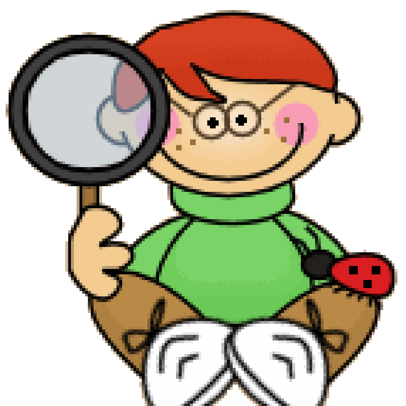 Cartoon child holding a magnifying glass and a ladybug, wearing a green shirt and smiling.