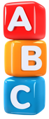 Stacked colorful ABC blocks: red A, orange B, and blue C