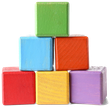 Stack of colorful wooden blocks in a pyramid: green, blue, orange, red, yellow, and purple.