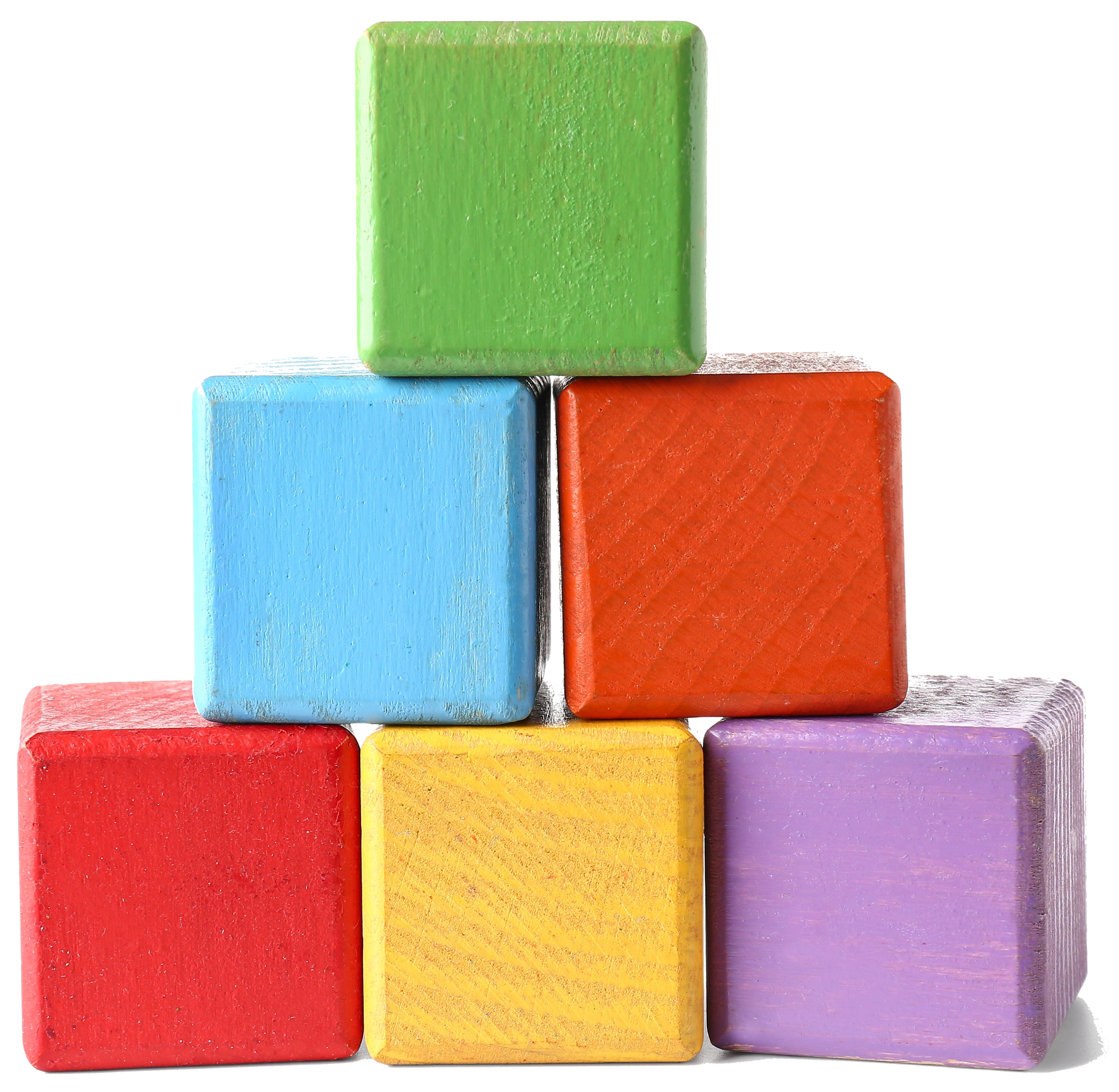 Stack of colorful wooden blocks in a pyramid: green, blue, orange, red, yellow, and purple.