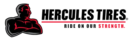 Hercules Tires logo with red and black muscular figure and the slogan “Ride on our strength.”