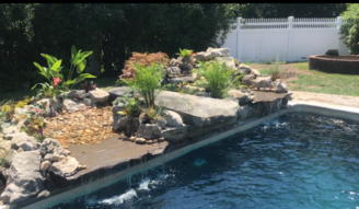 Pool with a rock waterfall feature and lush plants.