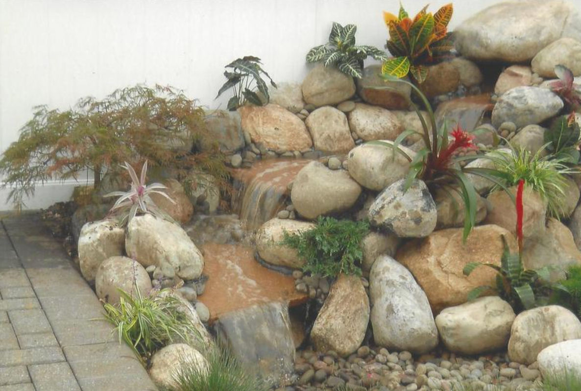 Water cascading down rocks into a small pond, surrounded by plants and a few trees.