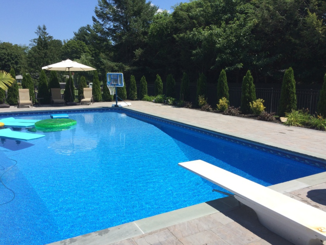 Pool with a diving board, surrounded by a stone patio and greenery, with a basketball hoop and floaties in the water.