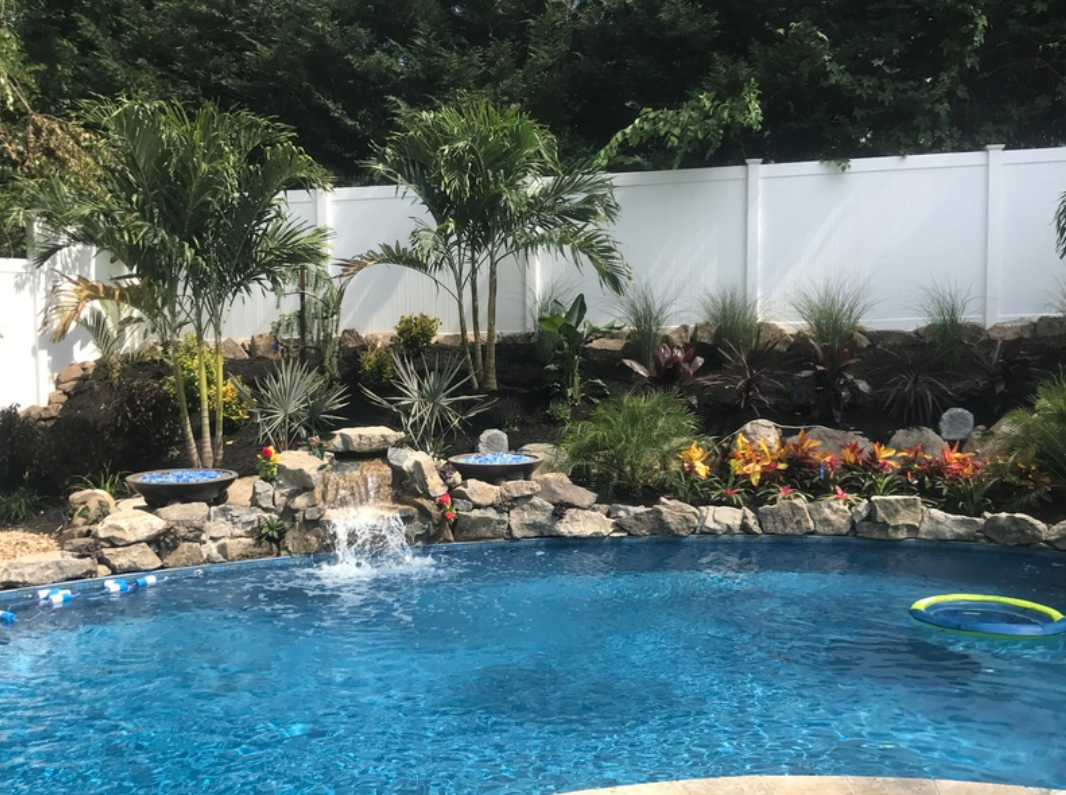 Pool with waterfall, landscaping, palm trees, and a white fence in the background.