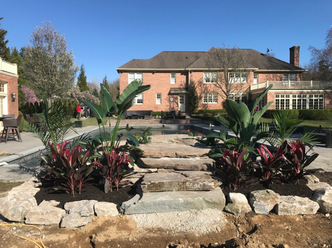 Stone steps lead to a pool, flanked by red and green plants, with a brick house in the background.