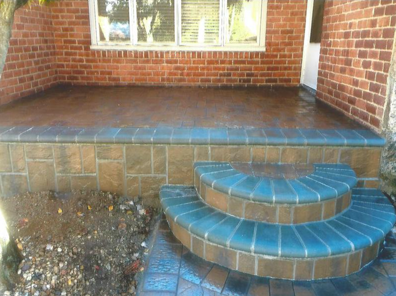 Brick patio with two blue-edged steps leading up to a door.