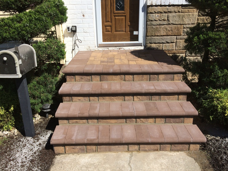 Brick steps leading to a brown door; small bushes on either side, a mailbox on the left.