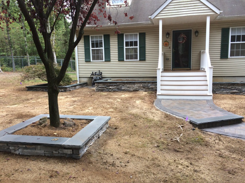 Tan house with green shutters, stone walkway, and a tree surrounded by a stone border.