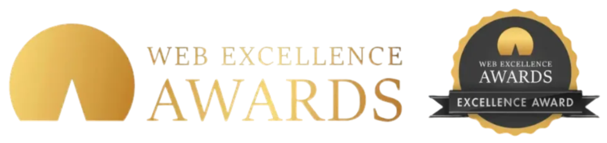 Web Excellence Awards logo: golden sunburst, text 