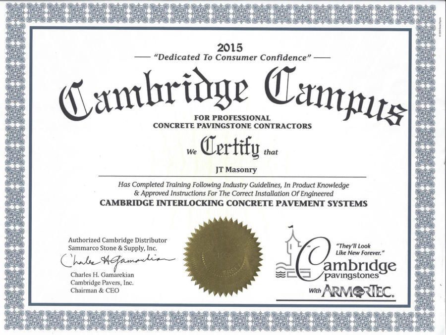 Certificate from Cambridge Campus for professional concrete paving stone contractors; certifies J. Mahoney.