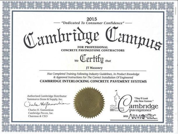 Certificate from Cambridge Campus, 2015, for JE Mallery, for concrete paver installation. Features Cambridge logo and seal.