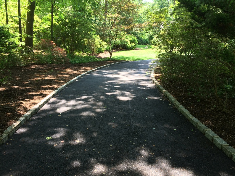 Asphalt driveway curves through a wooded area. Brown mulch and stone borders the path. Sunlight casts shadows.
