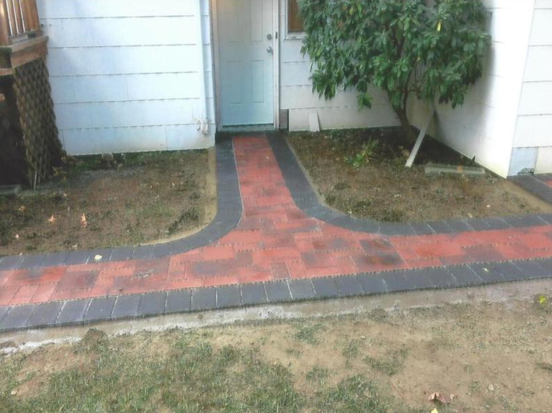 Brick pathway leading to a white door, with a black border. Set in a yard with a small tree.