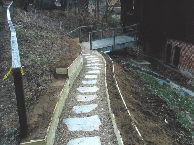 Stone path with wooden borders curving uphill towards a bridge.