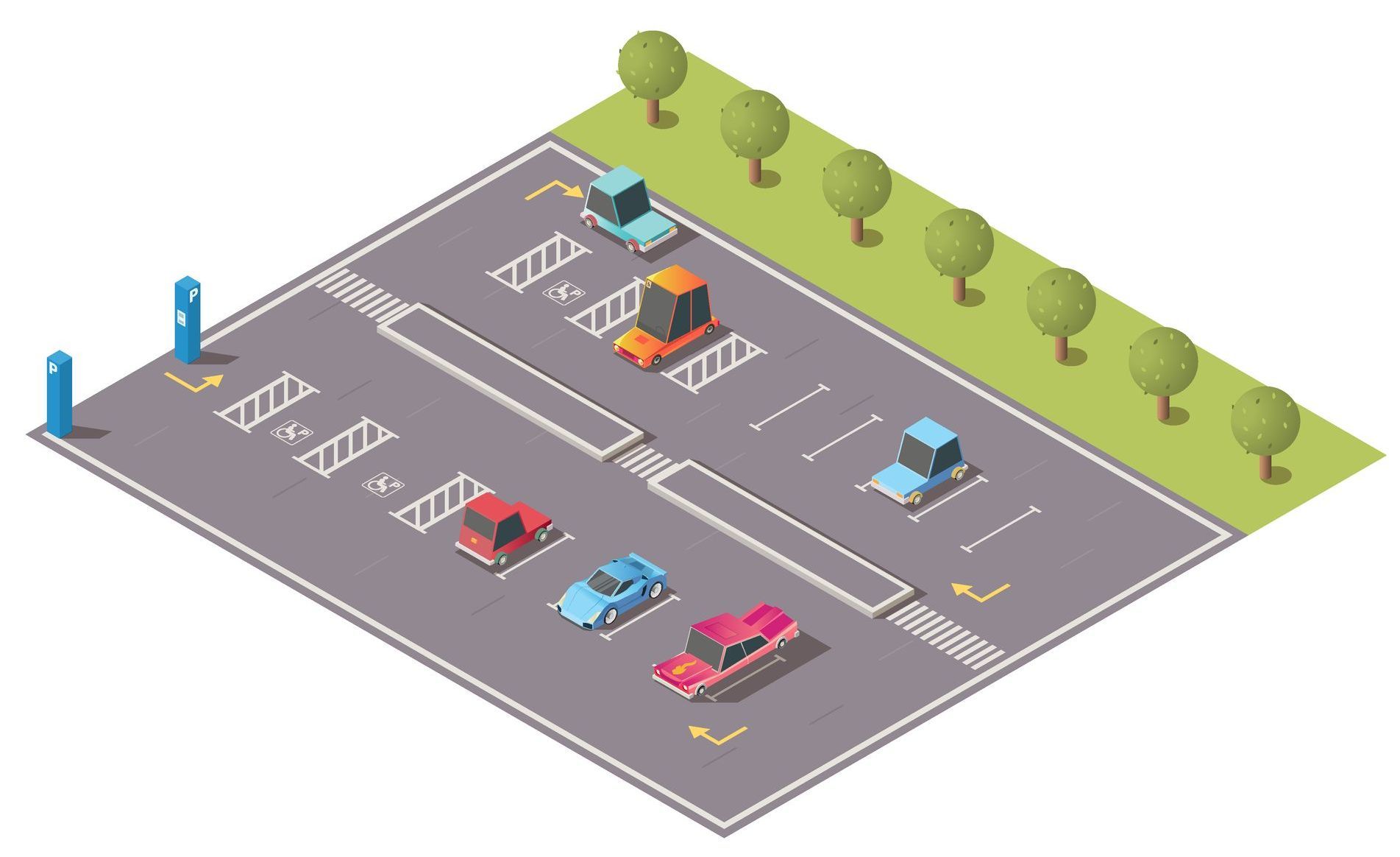 An isometric view of a parking lot with cars parked in it.