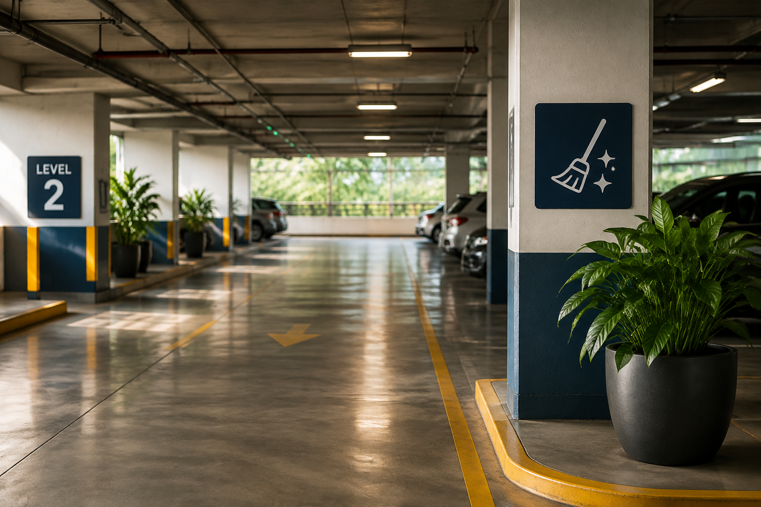 Indoor parking garage with potted plants, a level 2 sign, and an accessible parking symbol