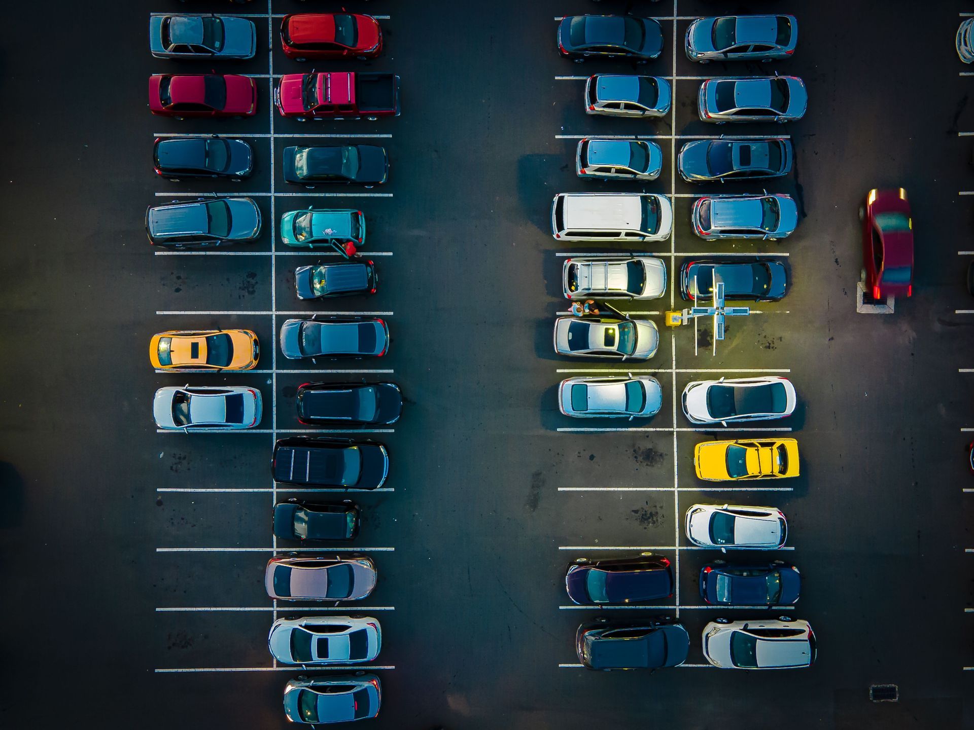 A row of white cars are parked in a parking lot.