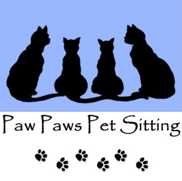 Paw Paws Pet Sitting Black silhouettes of four cats against a blue background, with the text