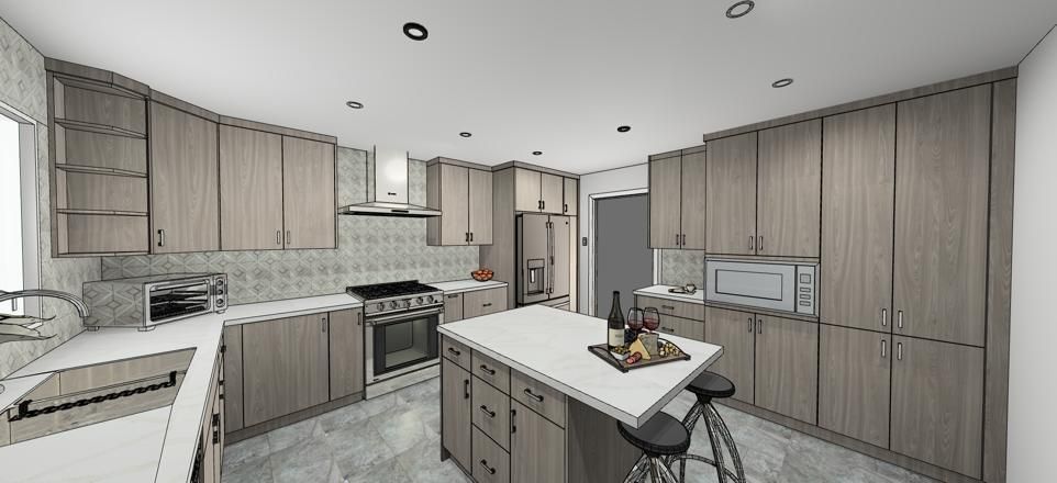 A kitchen with a white countertop and wooden cabinets.