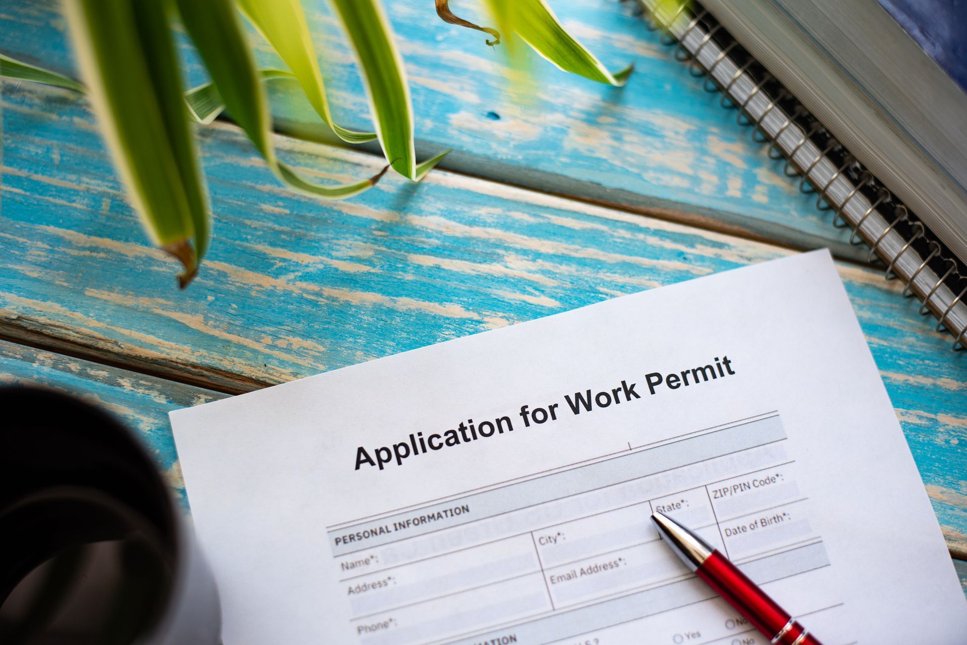 A pen is sitting on top of an application for work permit.
