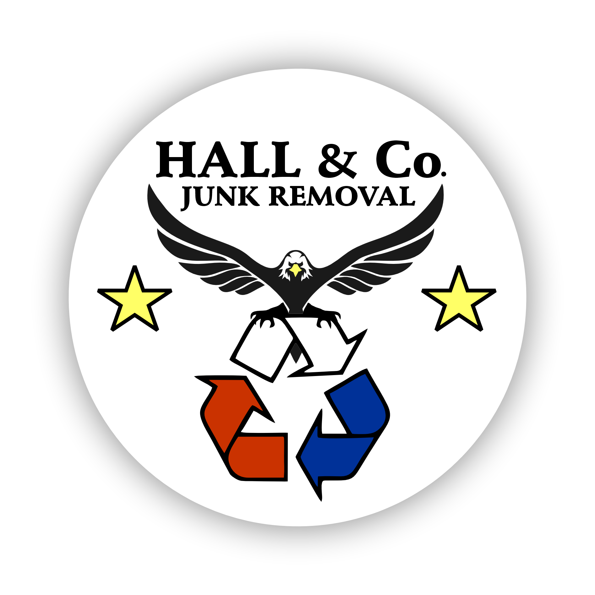 Hall & Co. Junk Removal logo with eagle, recycling symbol (red, blue), and two stars on white circle.