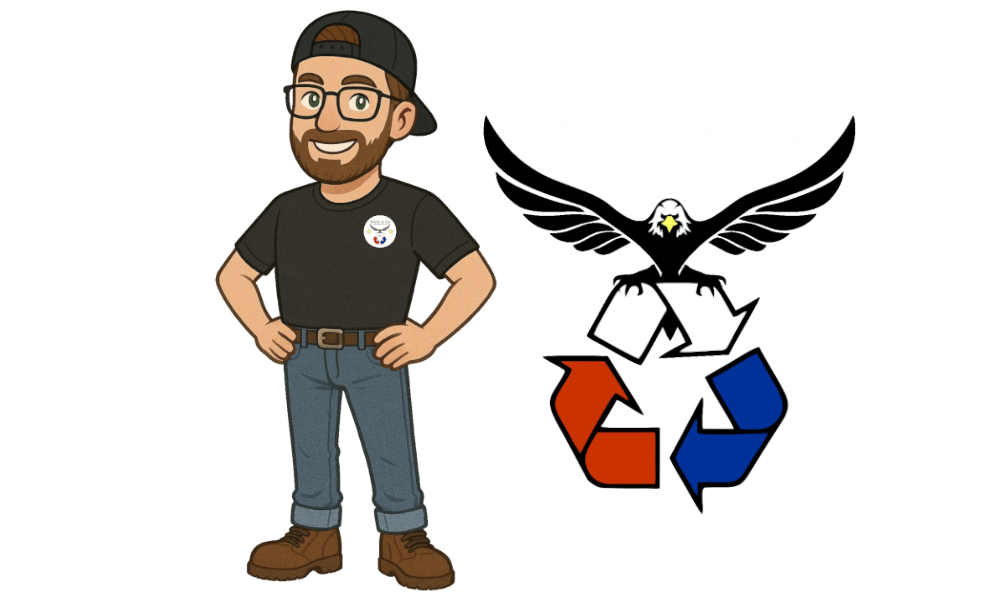 Man with glasses and a hat, beside an eagle logo with recycling arrows.