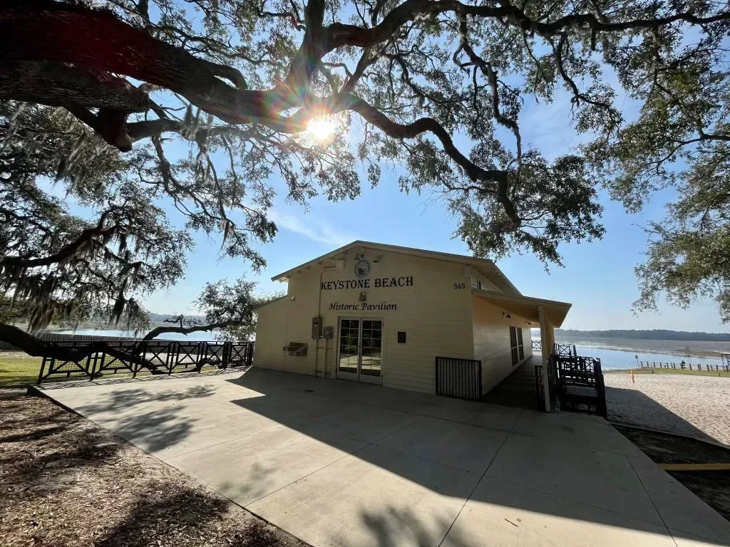 Building under a tree with a view of water, sun shining.