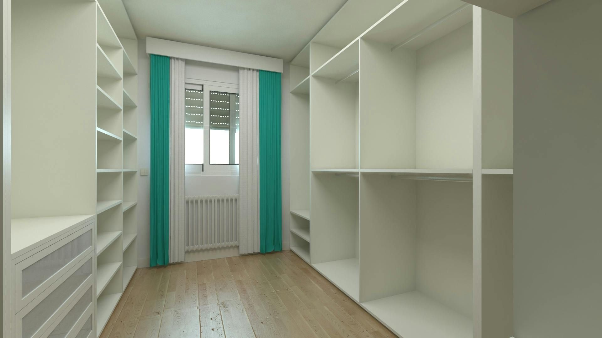 Empty white closet with shelving, drawers, and teal curtains over a window.