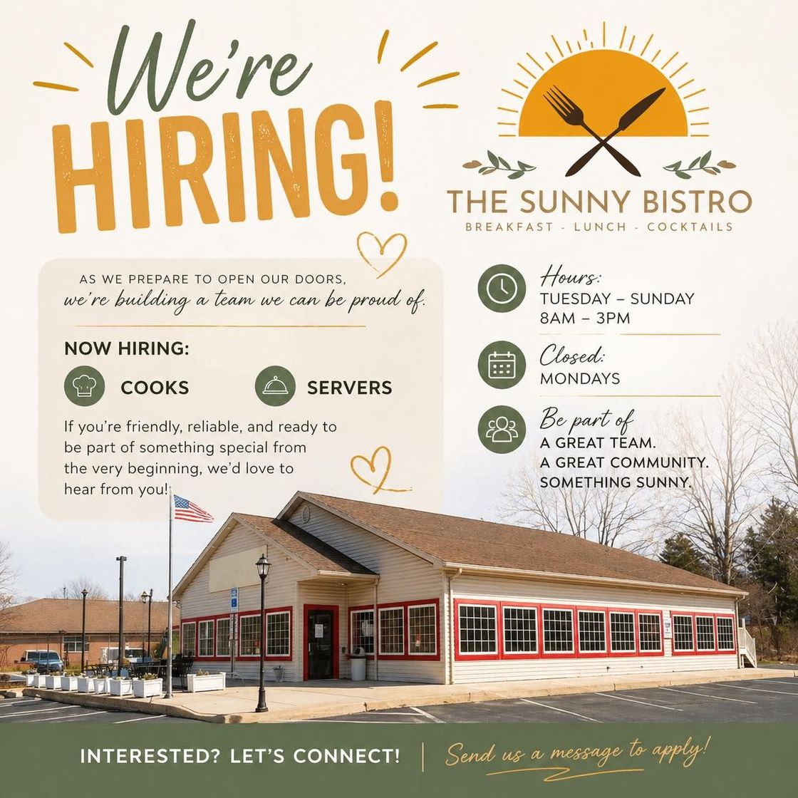 Restaurant hiring flyer for The Sunny Bistro, with kitchen and server jobs and a photo of the building