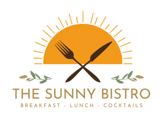 The Sunny Bistro logo with crossed fork and knife over a sunrise, leaves, and breakfast lunch cocktails text