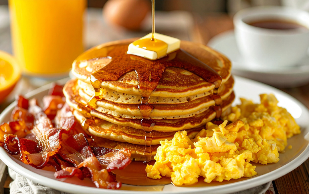 Stack of pancakes with butter, scrambled eggs, and bacon on a breakfast plate