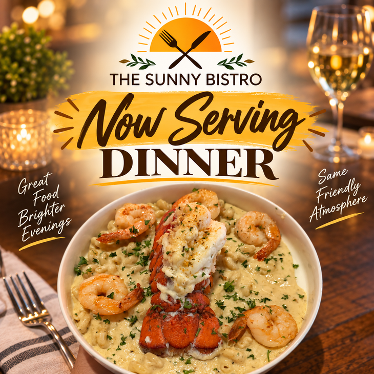 Restaurant hiring flyer for The Sunny Bistro, with kitchen and server jobs and a photo of the building