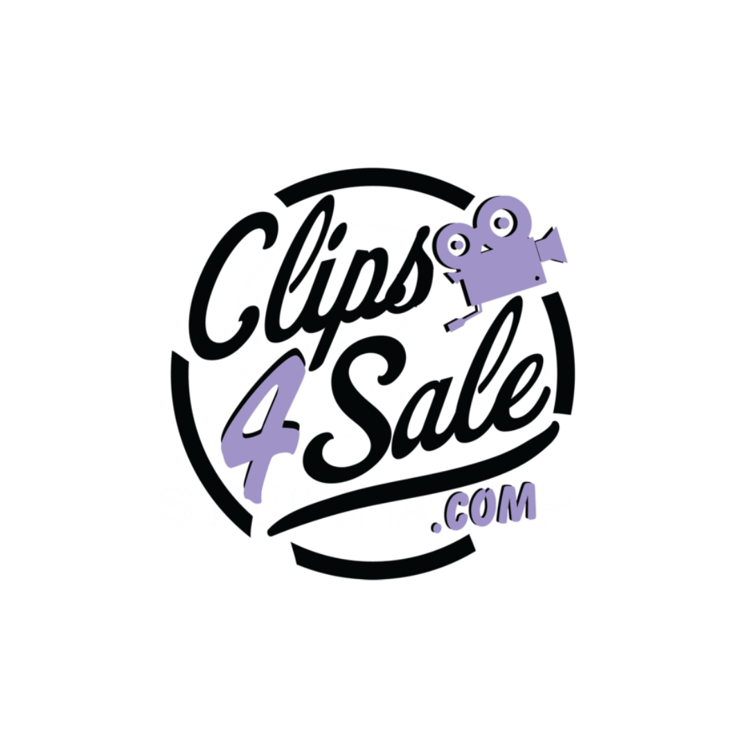Logo voor Clips 4 Sale, een website met stockfoto's, met tekst, een camera-icoontje en een zwarte cirkel.