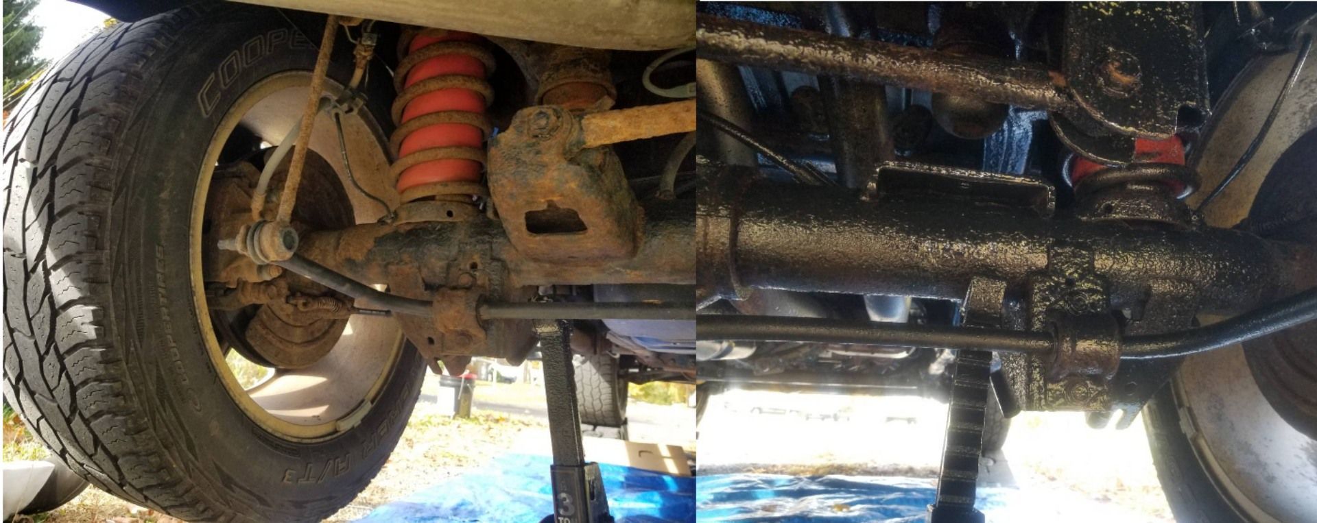 Undercarriage of a vehicle with visible suspension, tire, and exhaust components on a lift