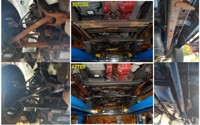 Collage of a vehicle undercarriage before and after cleaning, showing rusted parts and blue-painted frame.