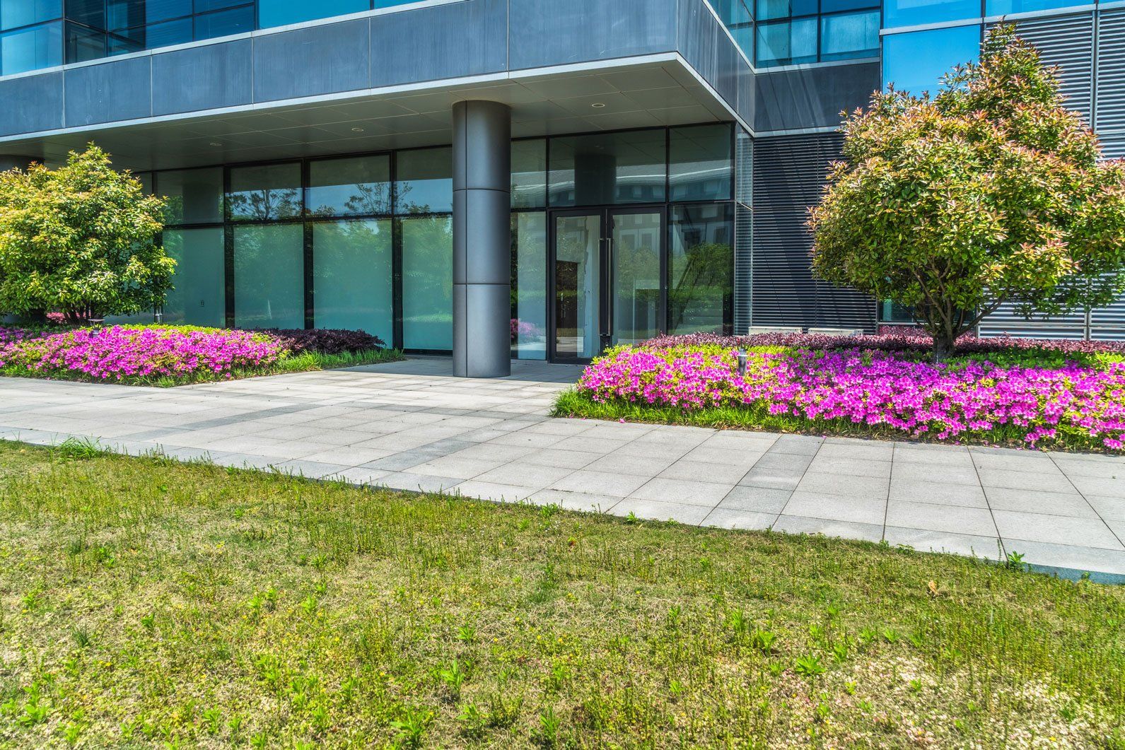 A large building with a lot of windows and flowers in front of it.